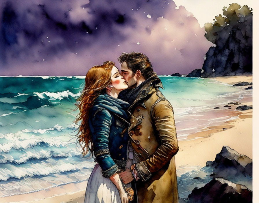 Illustrated Couple Kisses on Beach with Crashing Waves