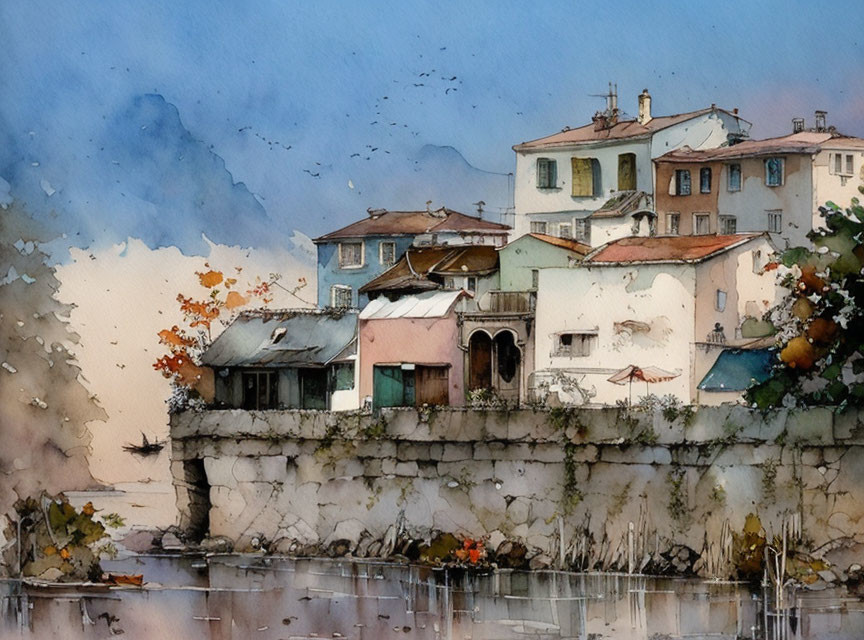 Autumn waterfront scene with quaint houses and trees in watercolor