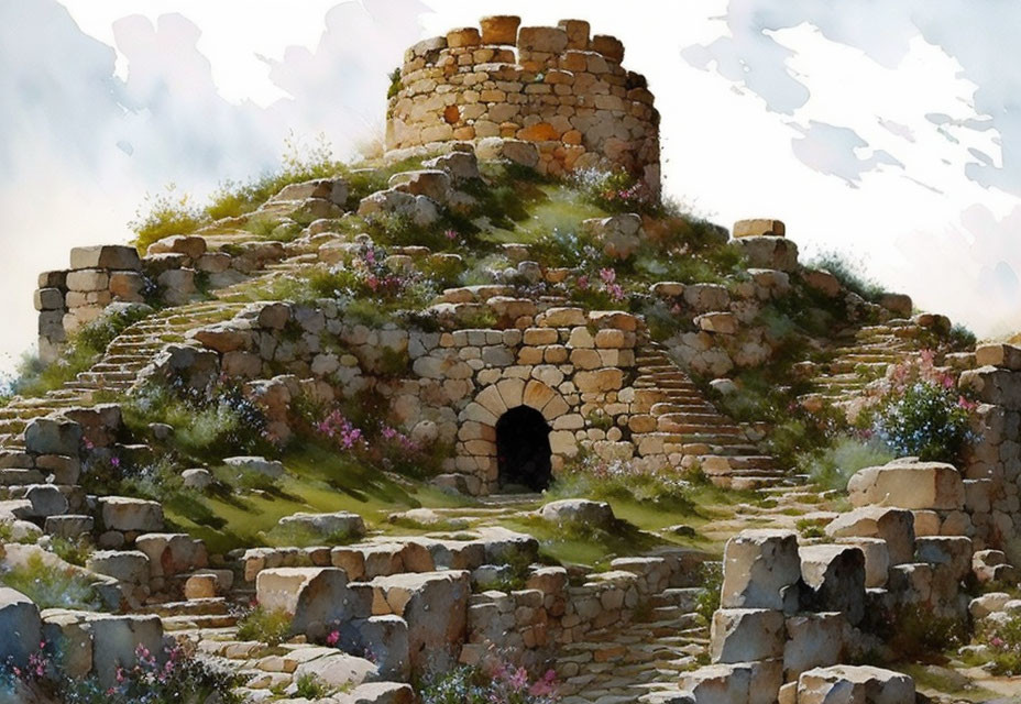 Watercolor illustration of ancient stone watchtower on grassy hill