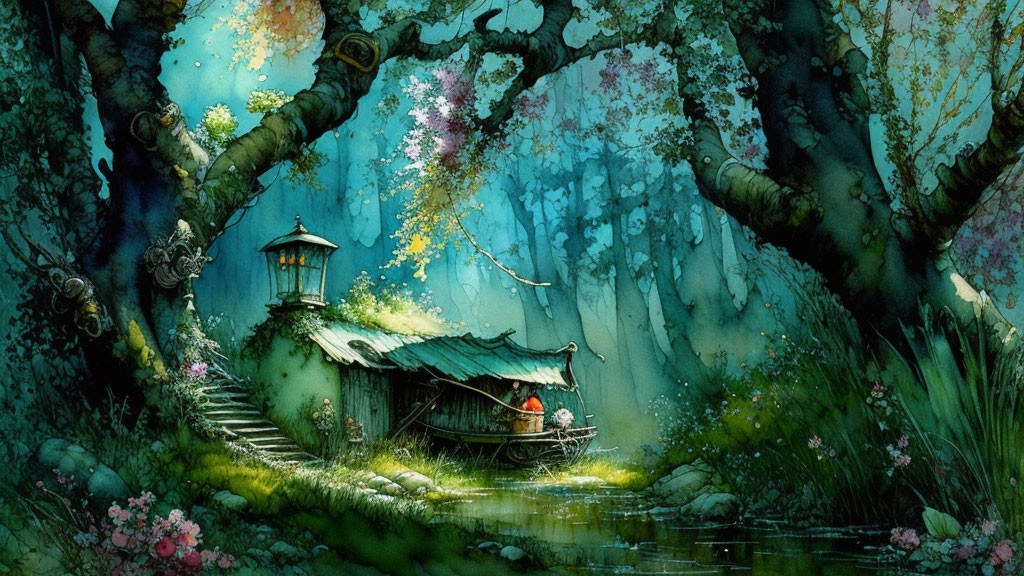 Serene forest watercolor illustration with lantern and boat-house