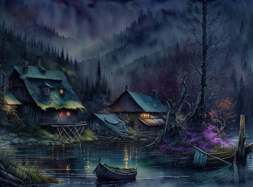 Tranquil twilight landscape: rustic houses, calm lake, misty hills