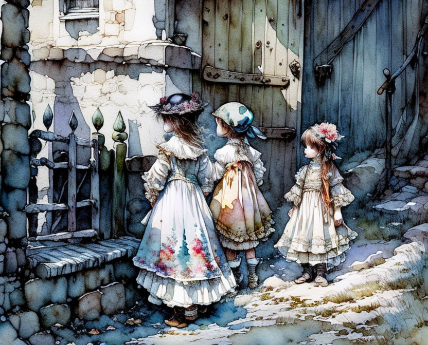 Three children in vintage dresses by rustic door, one knocking