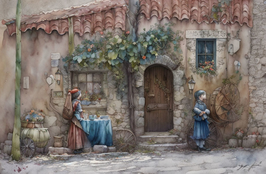 Vintage illustration: Quaint street scene with historical figures and old stone buildings