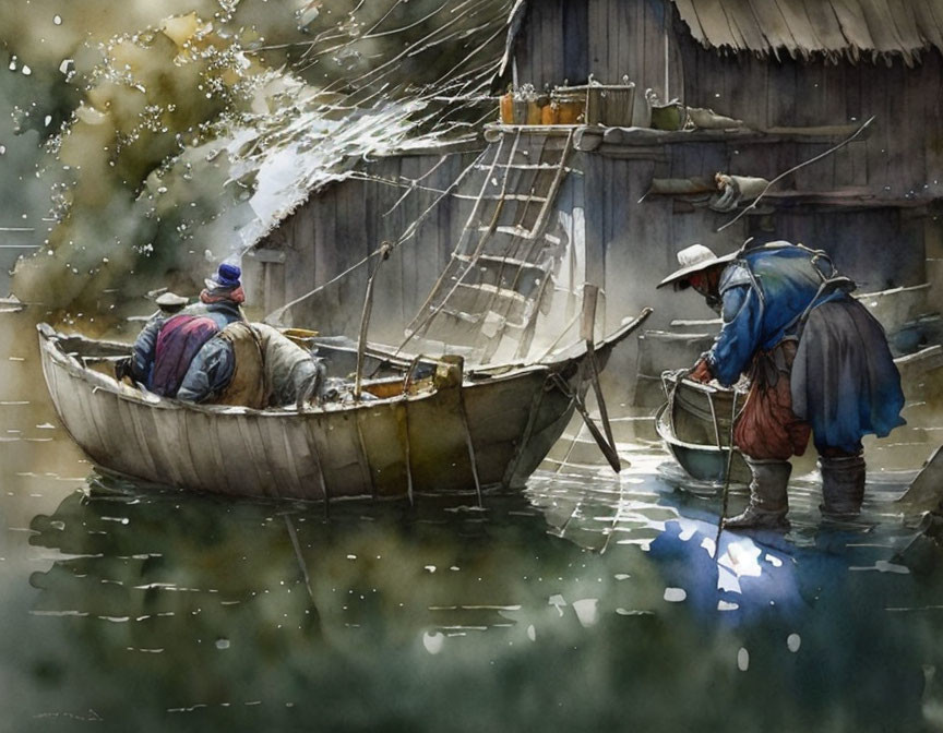 Traditional Outfits: Two People Fishing on Boat Near Wooden Dock