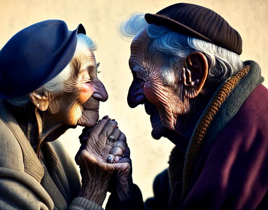 Elderly couple holding hands and gazing affectionately