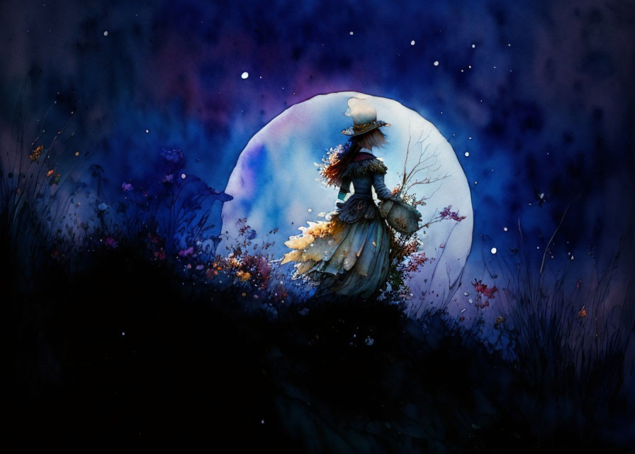 Vintage dress and hat watercolor illustration of woman under starry night sky