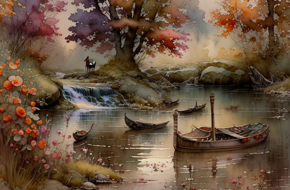 Tranquil watercolor painting of riverside scene with boats and waterfall