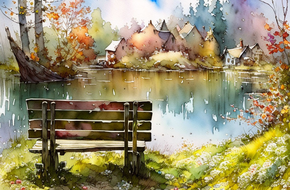 Tranquil lakeside watercolor with bench, houses, and autumn trees