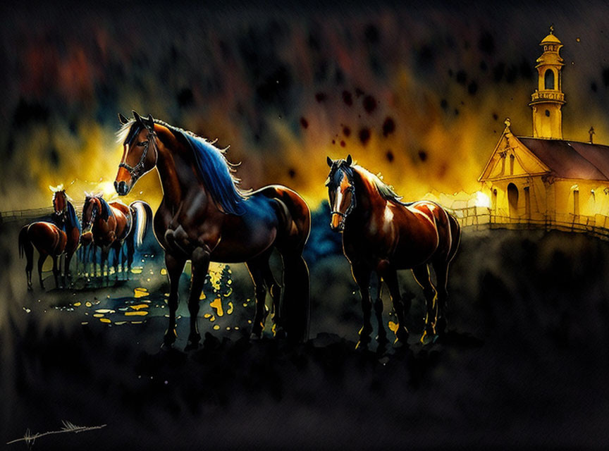 Group of horses with church under colorful night sky.