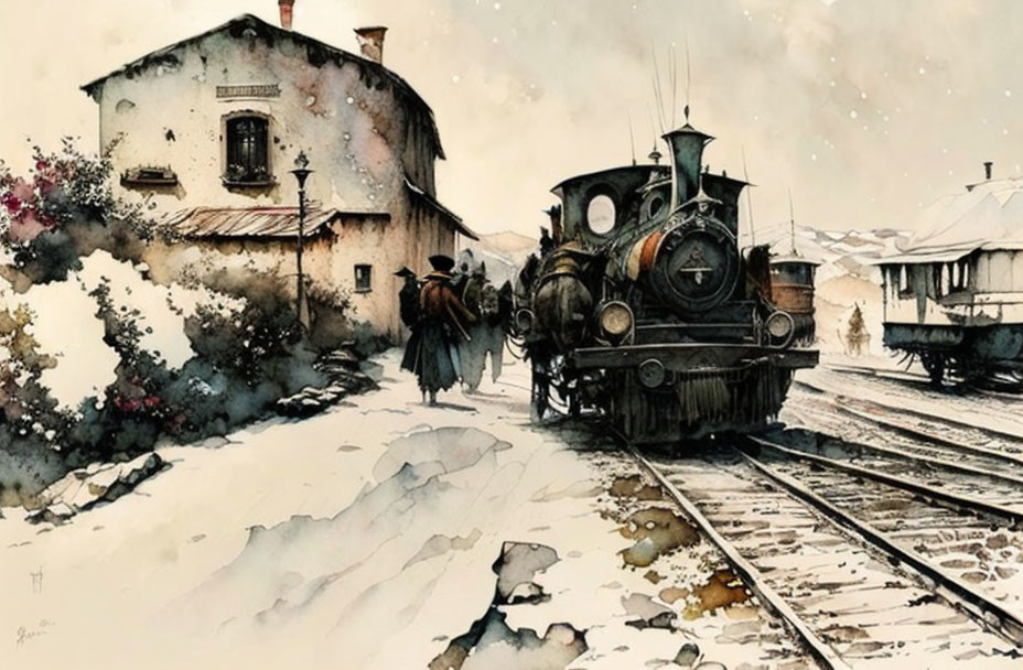 Vintage steam locomotive watercolor painting at snow-covered station