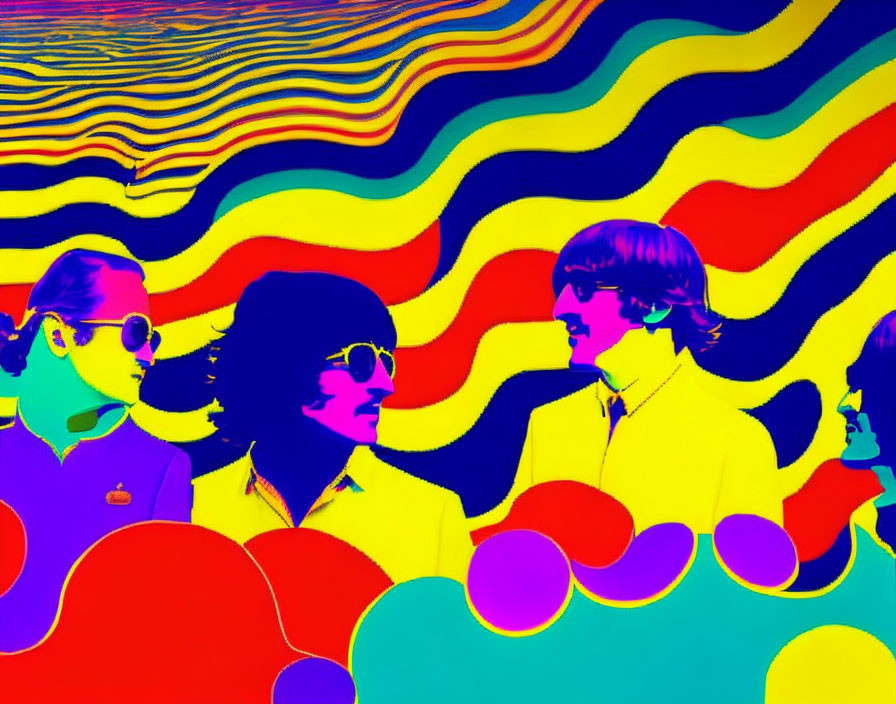 Vibrant psychedelic art: Four male figures with 1960s hairstyles on colorful background