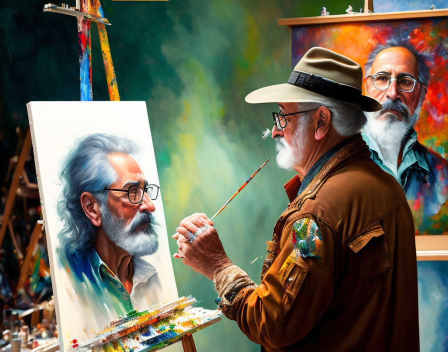 Artist painting self-portrait in colorful studio with hat and glasses