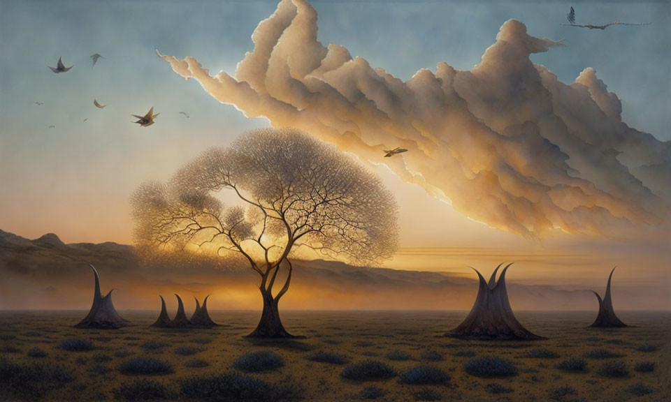 Surreal landscape with lone tree, trumpet-like structures, birds, dramatic twilight sky