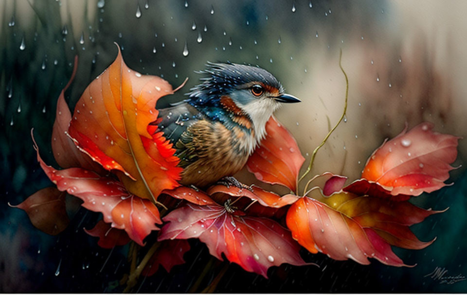 Colorful bird on autumn leaves in gentle rain with water droplets.