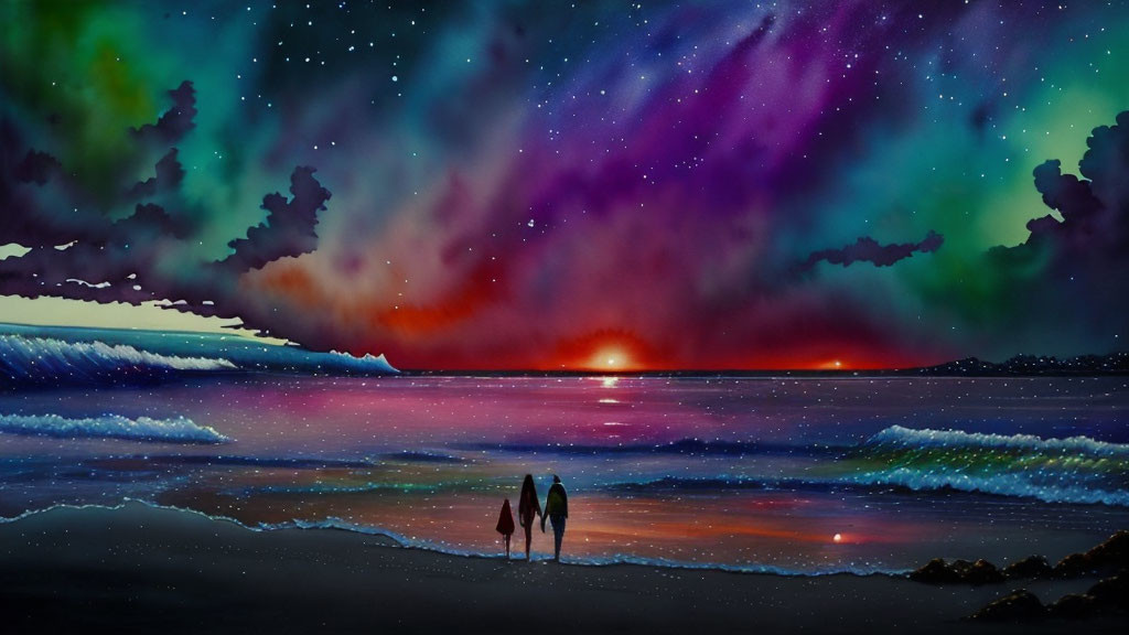 Couple holding hands on beach under vibrant aurora lights