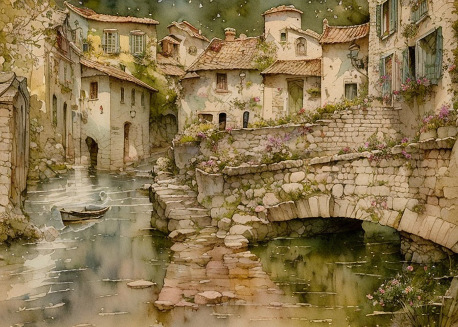 Serene Watercolor: Old European Village with Stone Houses