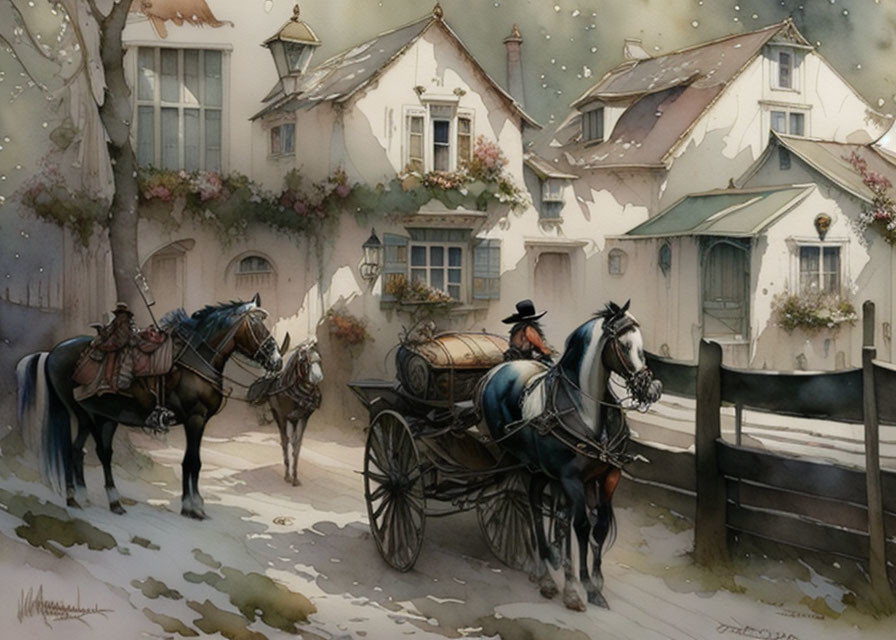 Person on horseback leads cart with horse in snowy village scene.