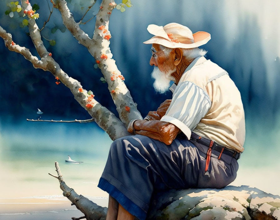 Elderly man with white beard gazes at serene lake with seagulls and blossoming branch