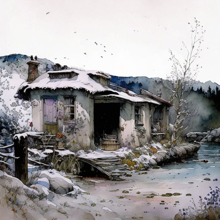 Snow-covered cottage by frozen river in wintry landscape with flying birds