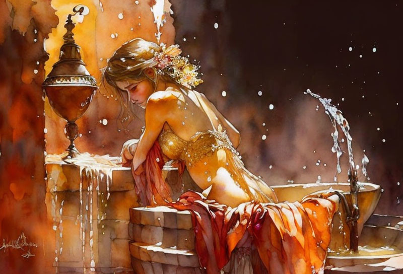 Woman in golden gown pouring water from brass pitcher by stone basin