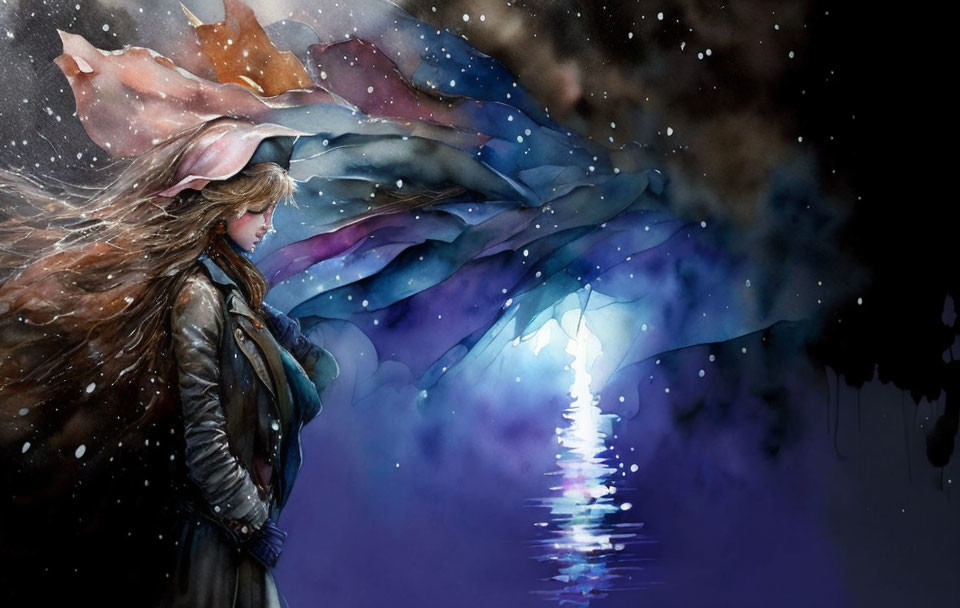 Woman in leather jacket against cosmic backdrop with flowing hair and starry sky reflected in water