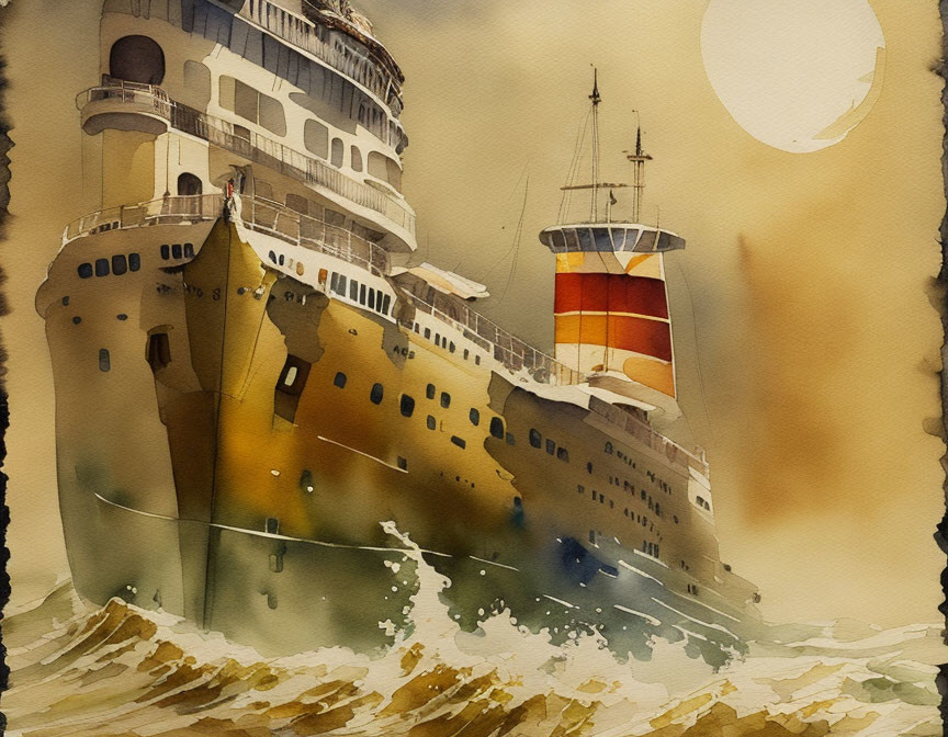 Vintage-style Ocean Liner Painting on Rough Seas with Impressionistic Sun
