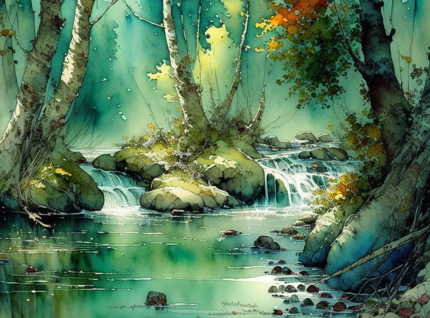 Tranquil watercolor painting of birch trees, waterfall, and autumn foliage