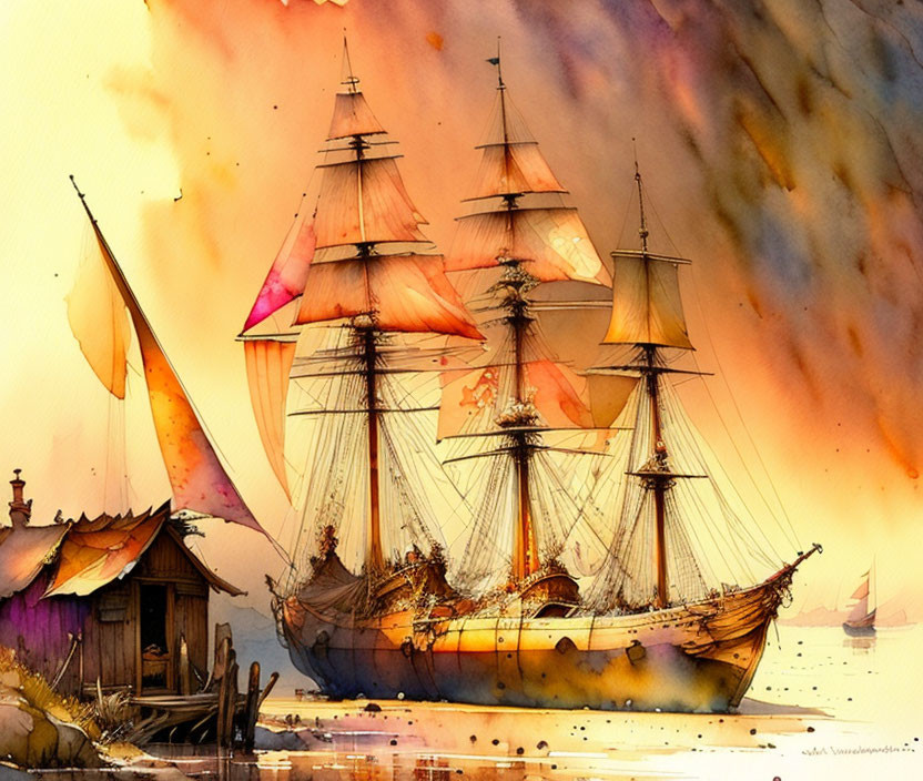 Vivid watercolor painting of majestic sailing ship at dock