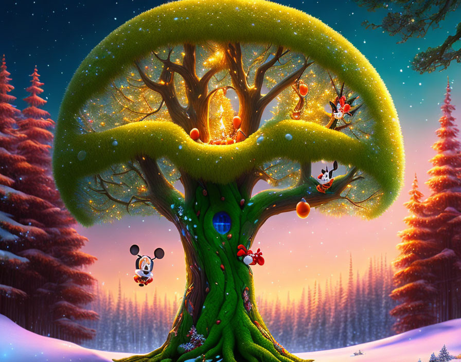 Whimsical snowy landscape with magical tree, oversized mushrooms, and cartoon animals