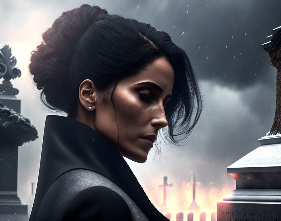 Woman in updo and black coat against moody backdrop with cross silhouettes