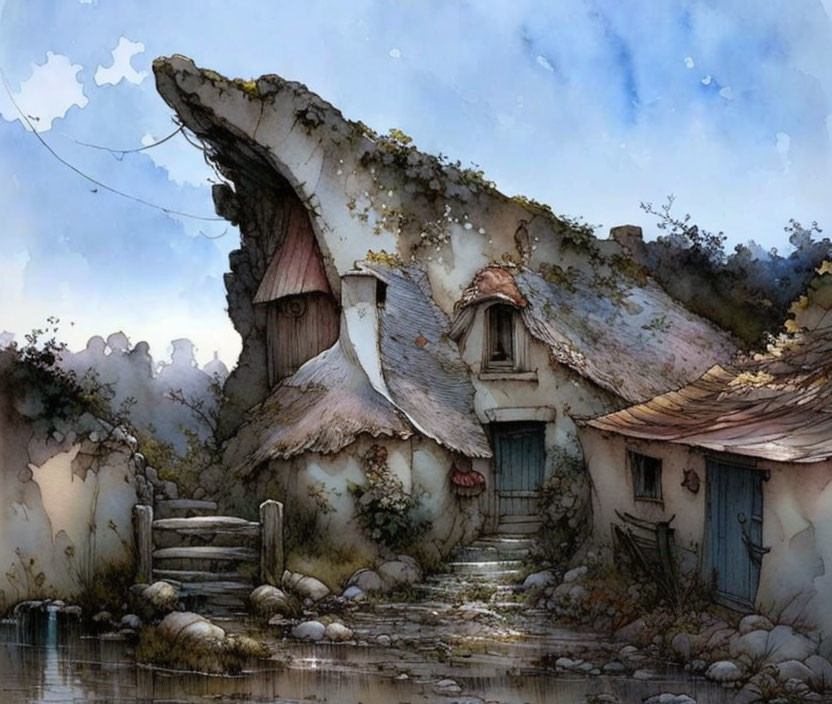 Illustration of Thatched Roof Cottage by Pond and Rock Formation