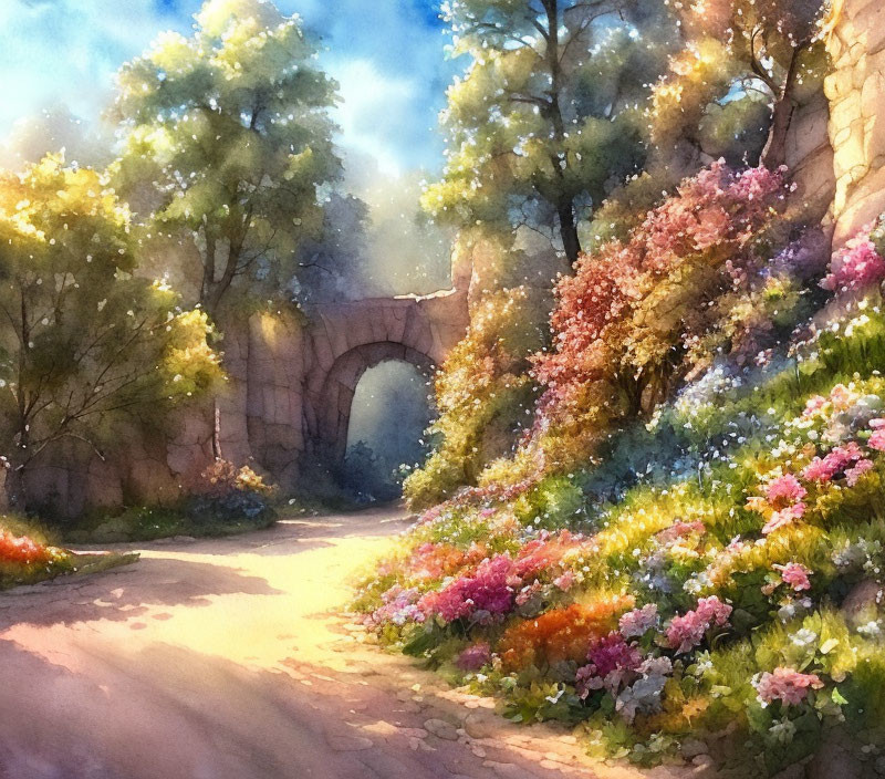 Sunlit pathway with vibrant flowers and old stone arch in watercolor art