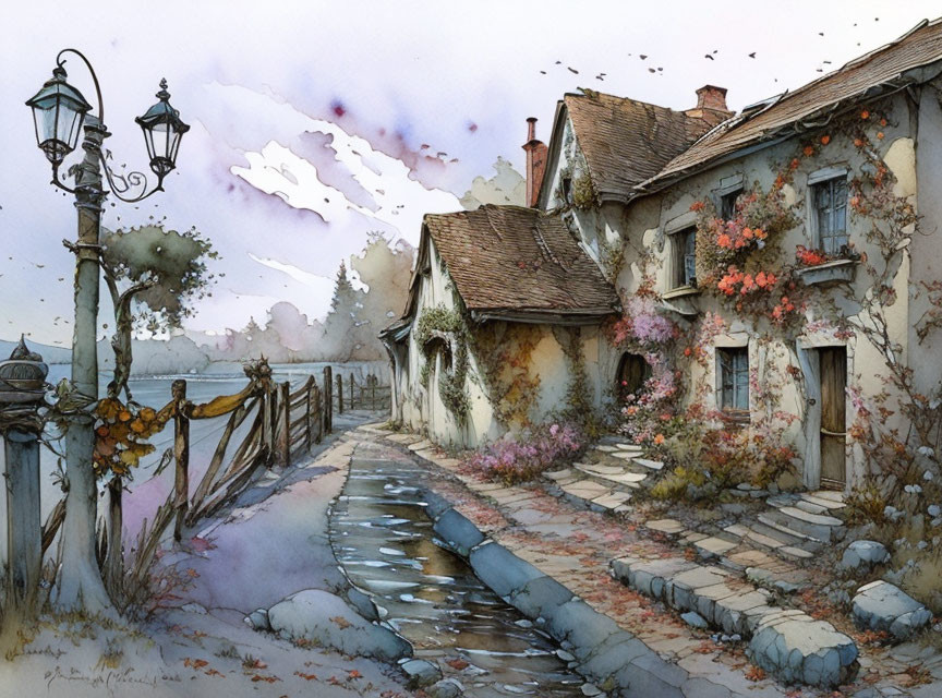 Tranquil watercolor painting of rustic village street