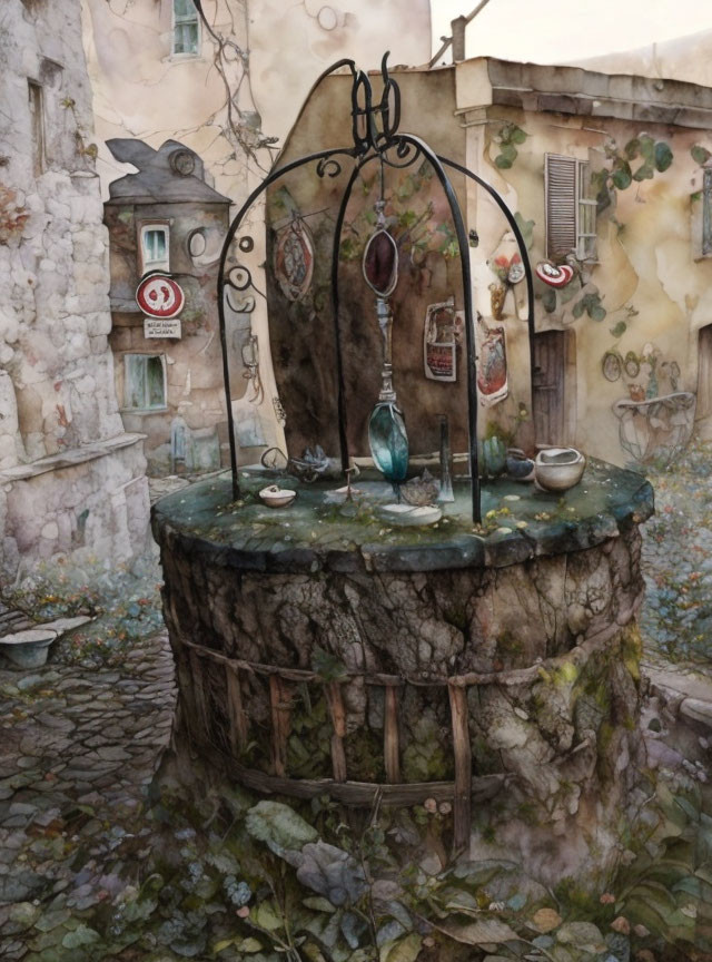 Stone well with whimsical objects near quaint buildings