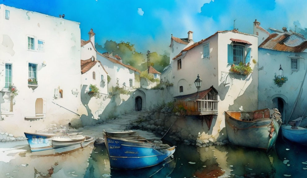 Serene village watercolor painting with white houses, arched tunnels, moored boats, and vibrant