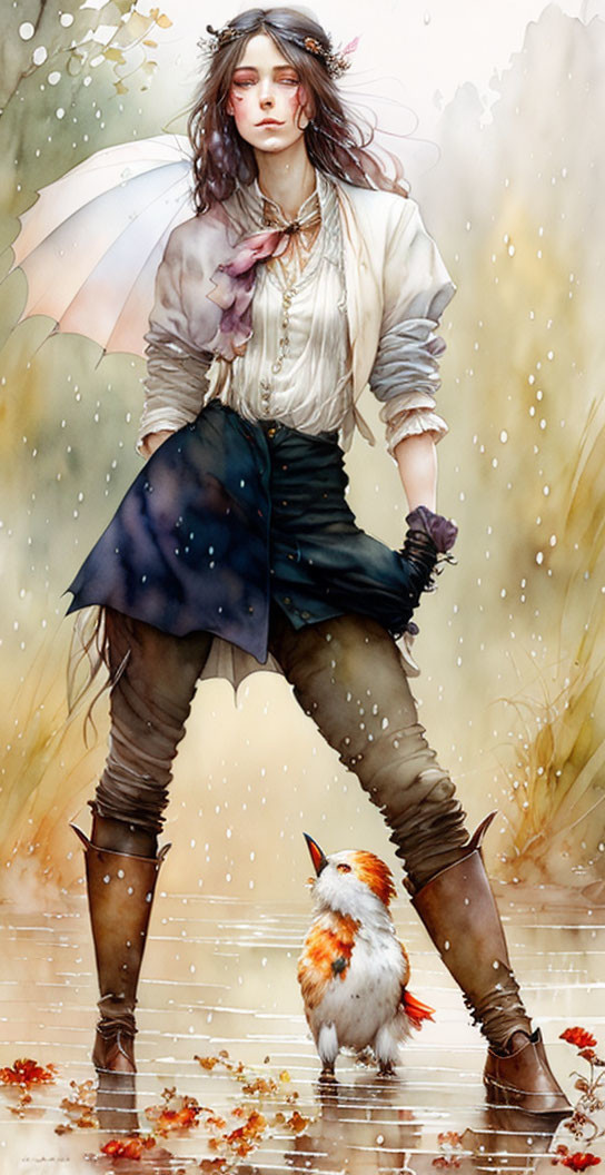 Vintage woman with bird standing in rain holding umbrella among autumn leaves