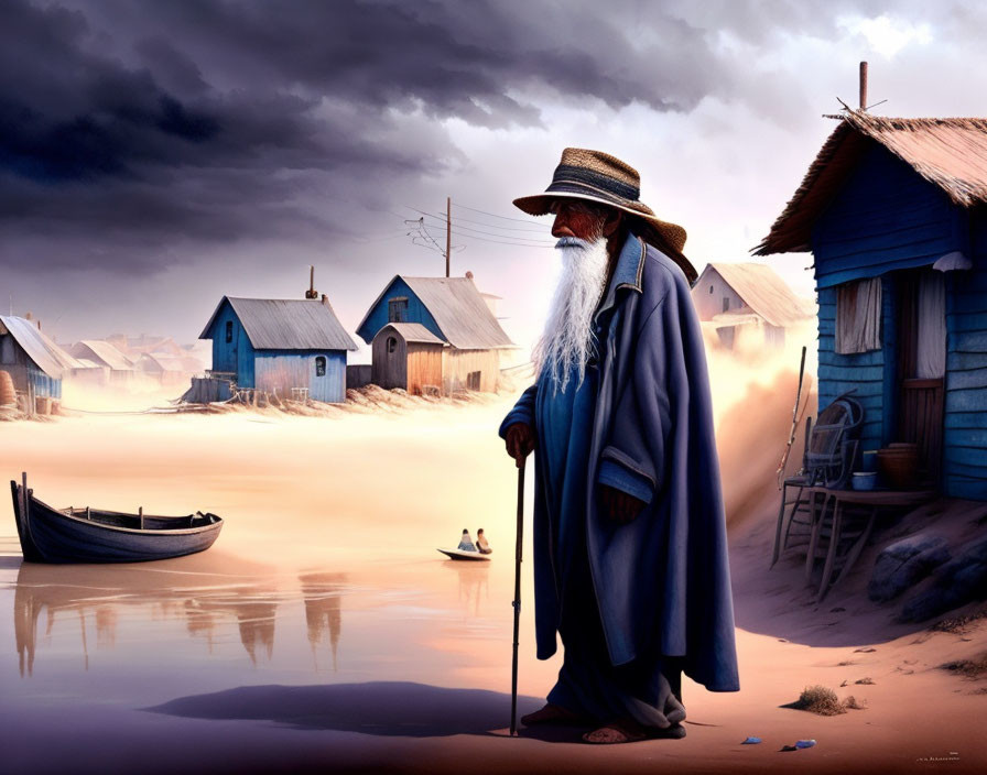 Elderly bearded figure in blue robe on misty beach with cane, huts, and