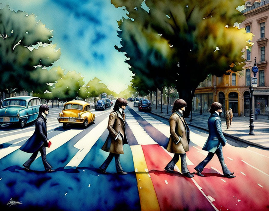 Colorful street scene with four individuals and classic cars in watercolor style