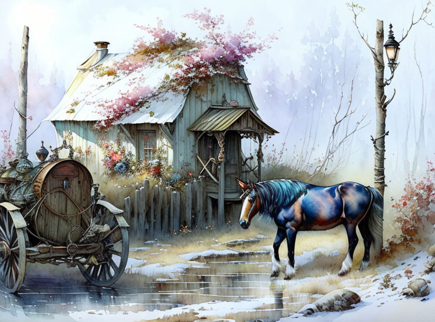 Blue horse near old wooden cart by rural cottage with autumn trees.