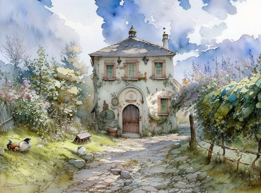 Charming watercolor of a country house with flowers and chickens