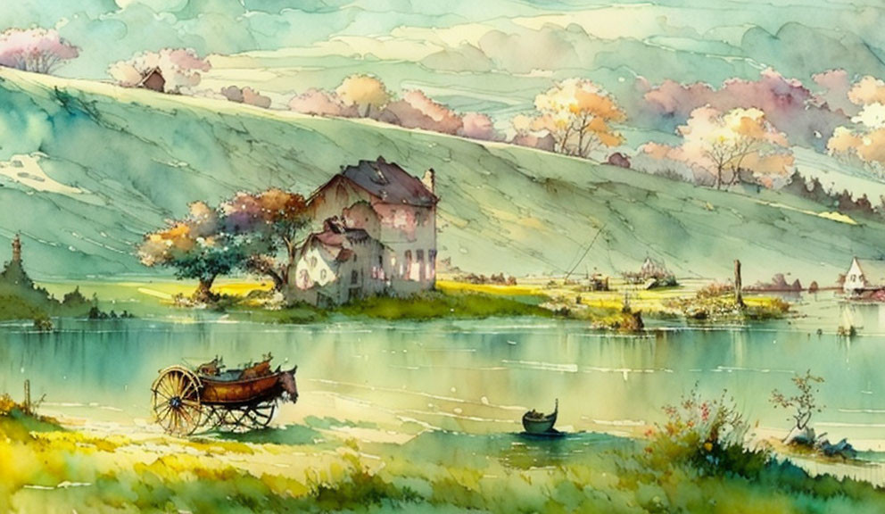 Tranquil watercolor countryside landscape with house, lake, rowboat, and horse-drawn cart