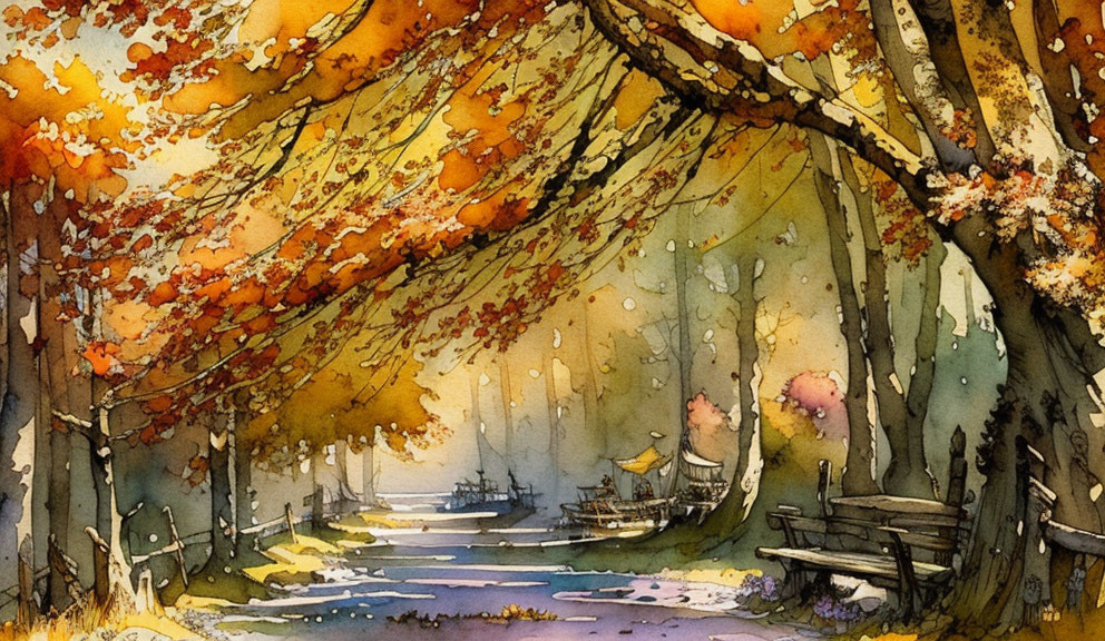 Serene autumn forest watercolor painting with path, trees, boat