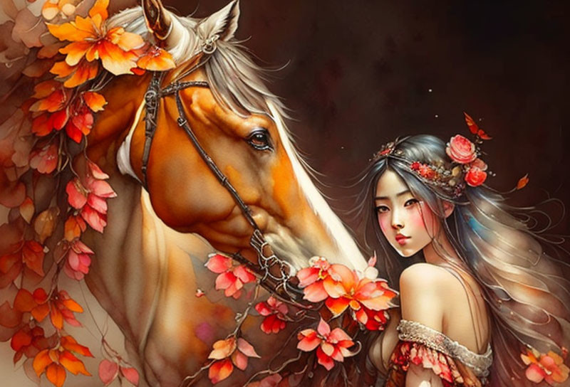 Woman with Floral Headdress & Horse in Autumn Setting