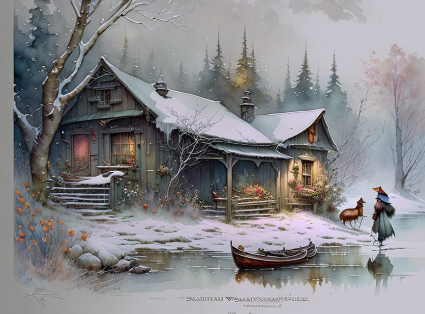 Snow-covered cabin by river with person, dog, and canoe in winter scene