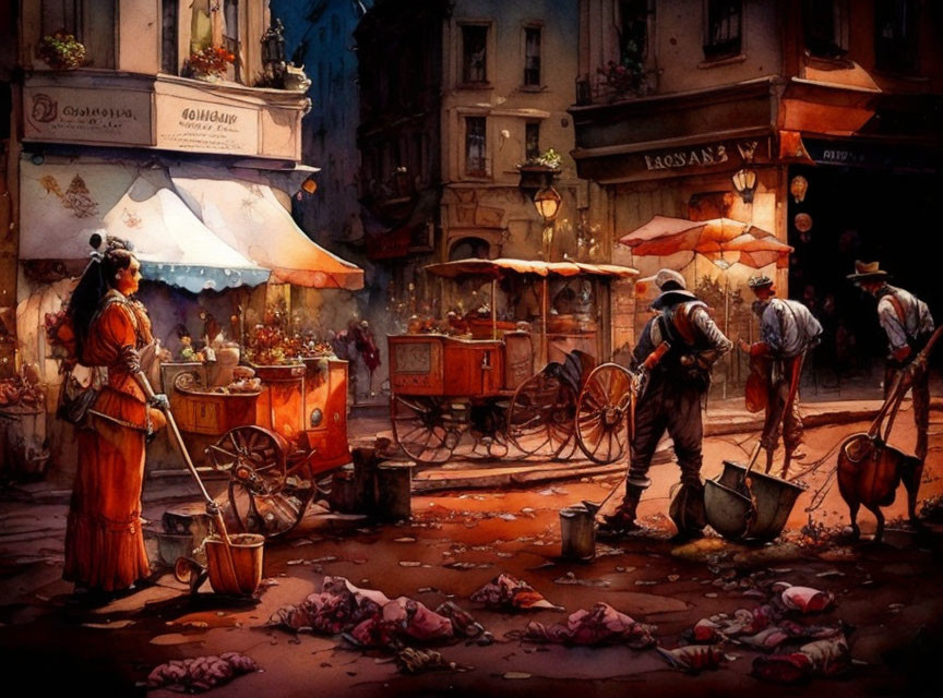 Historic street scene painting with people cleaning fish at market stalls