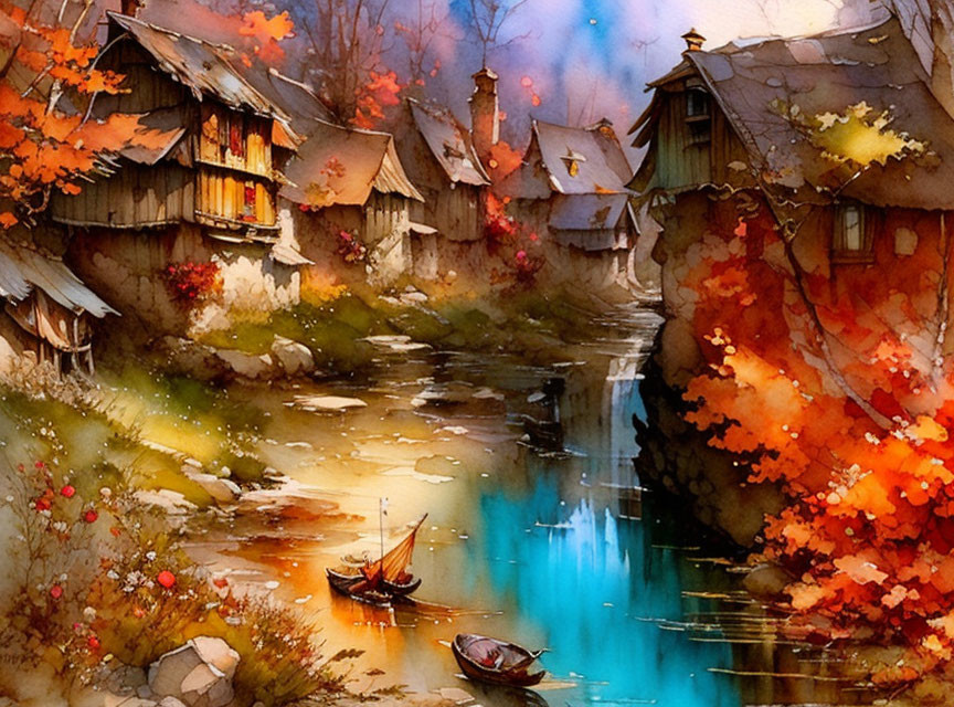 Rustic village painting: autumn foliage, traditional houses, river, boats