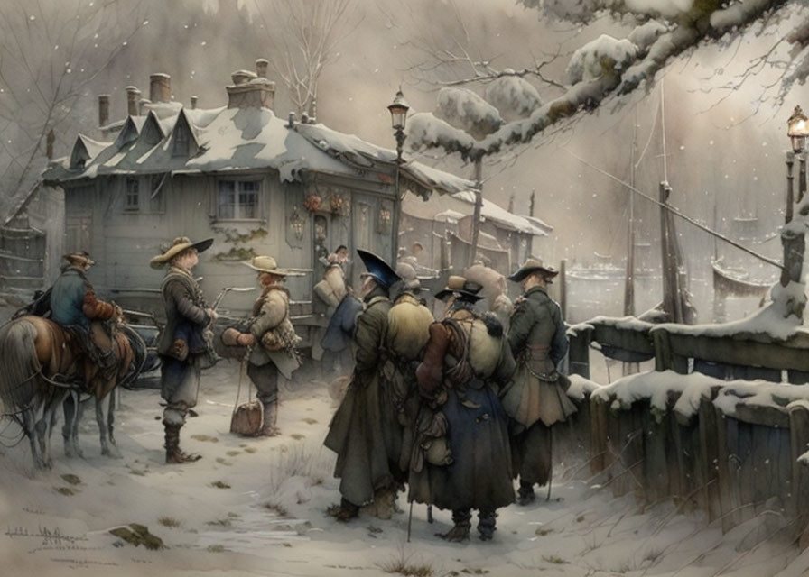 Colonial group outside snow-covered wooden house with smoking chimneys