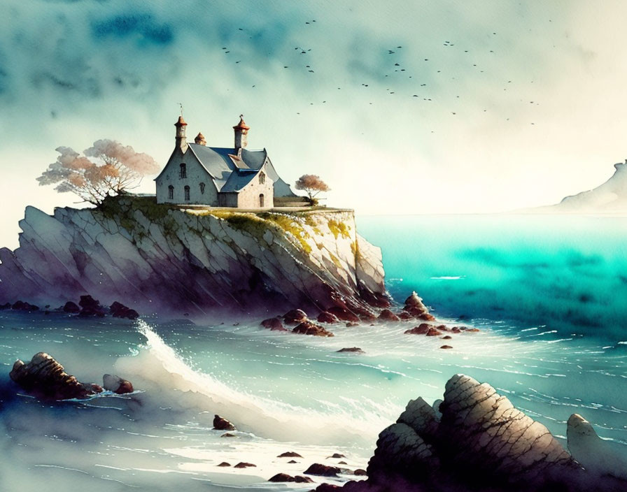 Cliffside house watercolor: teal ocean, birds, misty mountains