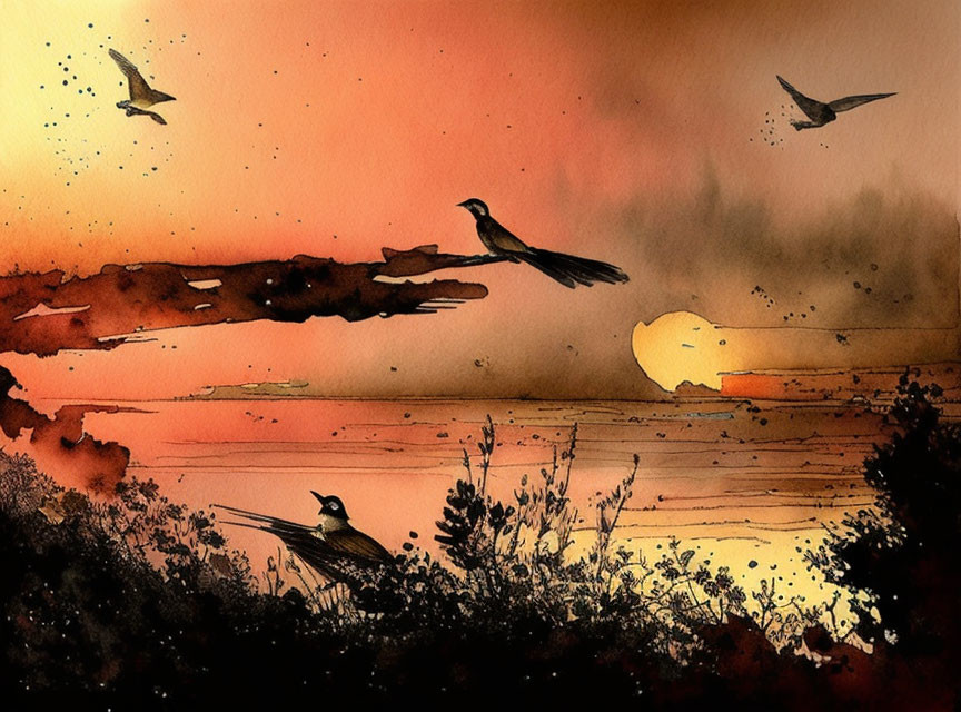 Sunset Watercolor Painting with Bird Silhouettes and Warm Hues