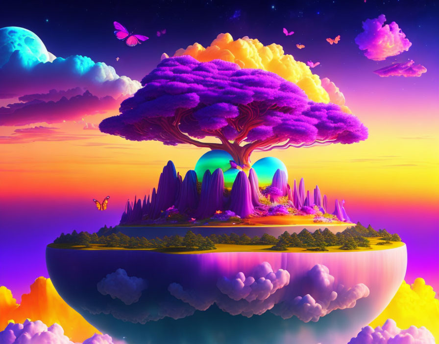 Colorful sunset scene with floating island, purple tree, waterfalls, moons, and butterflies